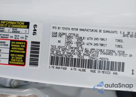 2025 Toyota Tacoma Sr 2Wd z USA, uszkodzony, nr VIN 3TYKD5HN0ST024054